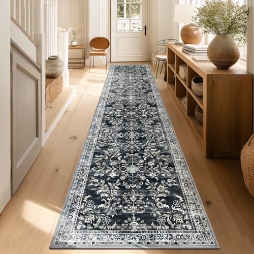 2x10 Washable Hallway Runner Rug Non Slip Floral Carpet (Navy/Black / 2' x 10')