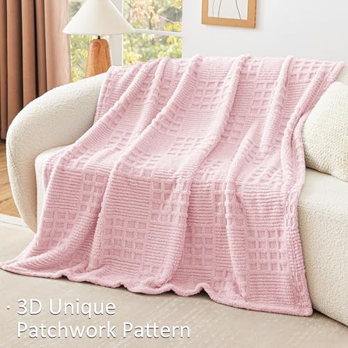 Pink Fleece Throw Blanket for Couch or Bed Waffle Pattern Decor (02-pink / Throw)
