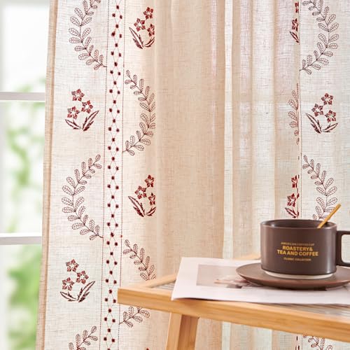 Floral Linen Curtains 63 Inch Farmhouse Back Tab 2 Panels (Red / 50"W x 63"L (Pack of 2))
