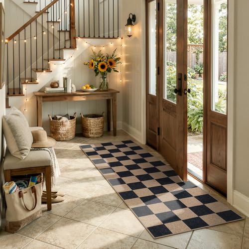 Checkered Easy Jute Outdoor Runner Rug (2' x 6' (Runner) / Black/Checkerboard -1)