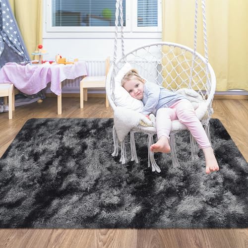 Small Tie Dyed Area Rug for Bedroom 3x5 Mini Black Grey Fluffy Rug Mat Bedside Throw Rug for Kids Room Boys Teens Nursery Baby Dorm Living Room Home Decor Aesthetic Carpets (Tie-dyed Black Grey / 3' x 5' (Rectangular))
