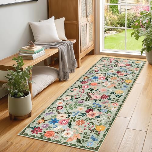 2.6x8 Washable Runner Rug：Floral Indoor Kitchen Soft Carpet Green (Green / 2'6" x 8' (Runner))