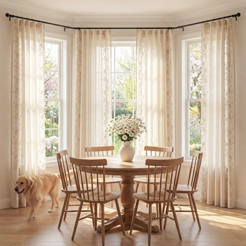 Floral Linen Curtains 96 Inch Farmhouse Back Tab 2 Panels (Vine | Beige / 50"W x 96"L (Pack of 2))