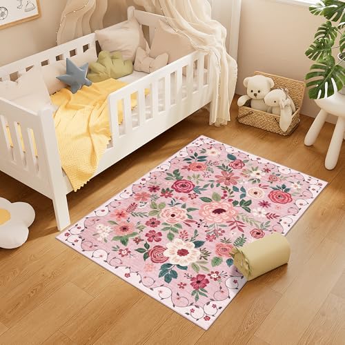 3x4 Area Rug Floral Washable Rug for Kitchen Non Slip (Pink / 3' x 4' (Rectangular))
