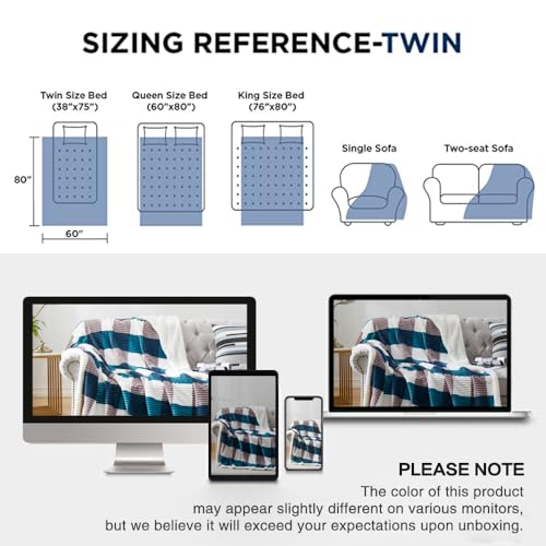 Sherpa Blanket Twin Plaid Thick Bed Blanket (Teal Check / 60"*80")