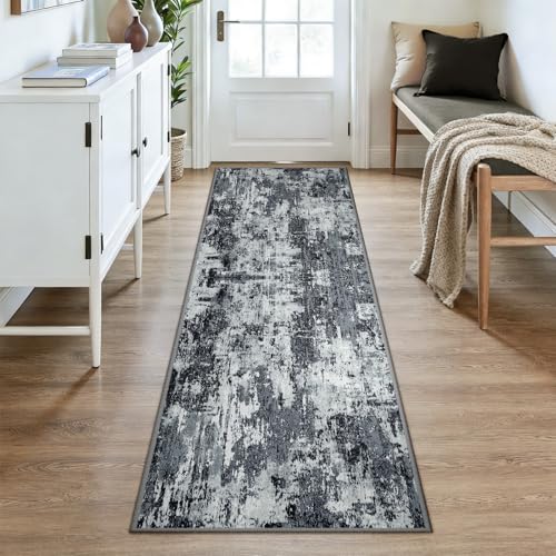 Washable Runner 3'x8' Abstract Area Rug for Hallway Black White (Black/Navy Blue/Gray / 3' x 8' (Runner))
