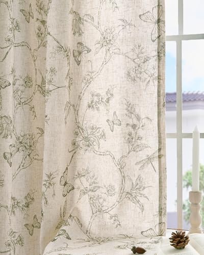 Floral Linen Curtains for Living Room 63 Inch Length Butterfly Sage Green Floral Curtains French Country Farmhouse Flower Patterned Drapes Window Treatments Set 2 Panels (Flower Sage Green / 50"W x 63"L (Pack of 2))