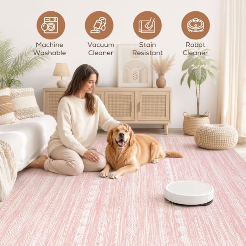 Boho 5x7 Pink Area Rug Living Room Rugs Machine Washable (Pink / 5' X 7' (Rectangular))