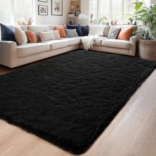 Soft Runner Rug for Bedroom Living Room Plush Fluffy Rugs 5x7 (Black / 5' x 7' (Rectangular))