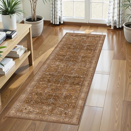 Washable Area Rug 2'6'' x 8' Vintage Traditional Persian Mat (Bronze and Ivory / 2'6" x 8' (Rectangular))