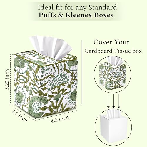 CPC Agate Green Block Print Square Tissue Box Cover 100% Cotton (Agate Green)
