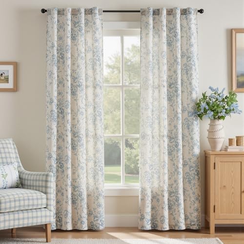 Blue Floral Linen Curtains 84 Long for Living Room 2 Panels (Blue / 38"W x 84"L (Pack of 2))