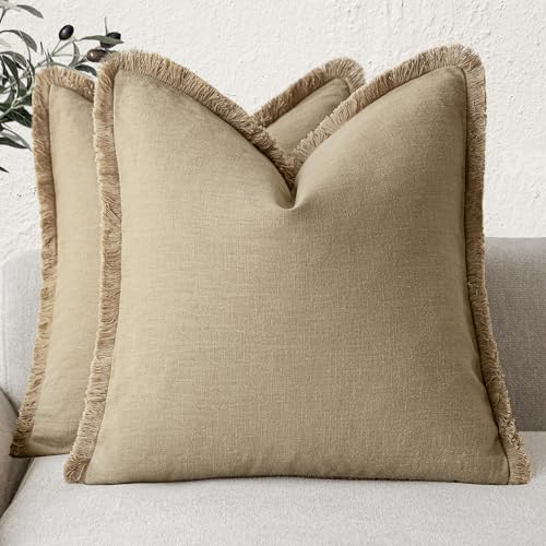Decorative Linen Fringe Throw Pillow Covers 22×22 Light Khaki (22" x 22" (Pack of 2) / Taos Taupe)