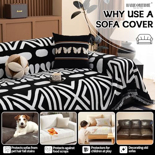 Boho Couch Cover Blanket Geometric Striped Pet Covers for Couches and Sofas Black and White Dog Cover for Couch Pet Friendly Chenille Sectional Sofa Covers for Pets Washable (71" x 134" / Stripe: Black and White)