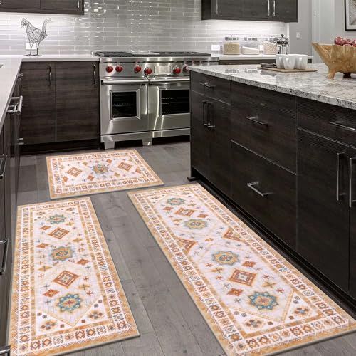 HEBE Boho Kitchen Rugs Set of 3 (Colorful Cream / 20"x32"+20"x48"+20"x59")