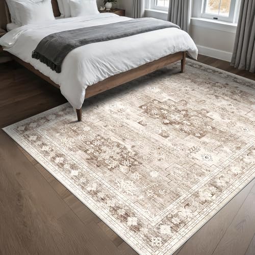 Washable Neutral Farmhouse Living Room Rug (5' x 8' (Rectangular) / Latte / Beige)