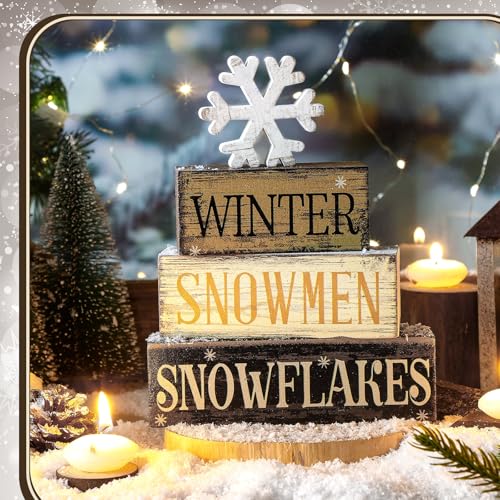 4 Pcs Wooden Block Signs Winter Tiered Tray Decor Farmhouse (Snow)