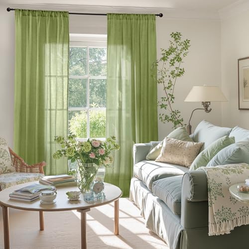 Olive Green Linen Curtains for Living Room 84 Inch Length (Green / 52"W x 84"L (Pack of 2))