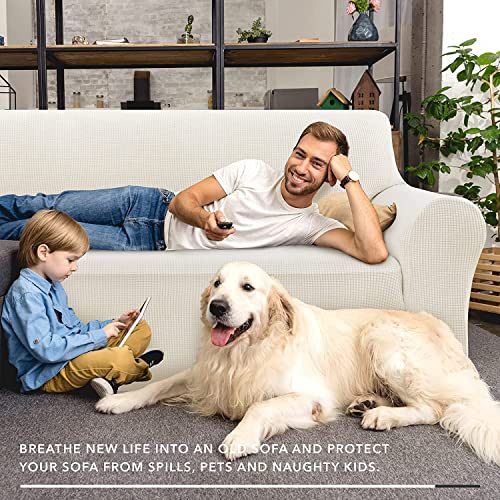 Super Stretch Couch Cover Love Seat Sofa Covers for Living Room Dogs Pet Friendly Furniture Protector Spandex Loveseat Slipcovers with Anti Slip Foam Sticks (White / Medium (57"-70"))