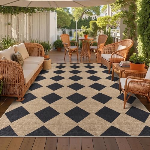 Checkered Easy Jute Rug 8x10 Outdoor Rug Washable Area Rugs for Living Room (8'*10'(Rectangular) / Black/Checkered)