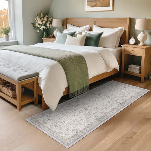 Washable Neutral 2x6 Bathroom Runner Rug (2' x 6' (Runner) / Light Gray / Sage)