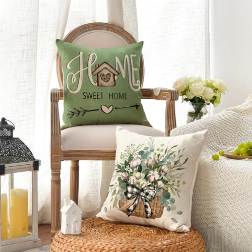 Bless Our Home Farmhouse Eucalyptus Leaves Throw Pillow Covers (Green / 16" x 16" (Pack of 4))