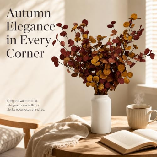 6pcs Eucalyptus Stems Fake Brown Orange Fall Leaves Artificial Silk Flowers Autumn Decor Bouquet Faux Branches Centerpiece Flores Plants for Home Party Decor Wedding Decoration (6pcs-autumn)