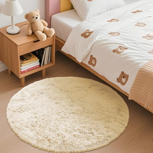 Cream Round Rugs for Bedroom (3 Ft Round / Cream)