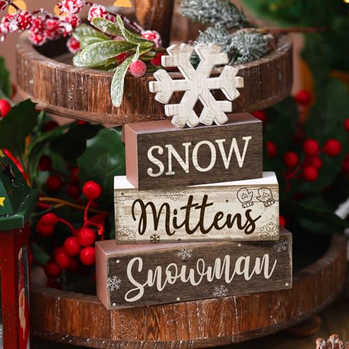 4 Pcs Wooden Snowman Block Signs Farmhouse Table Decoration (Snowflake Snowman)