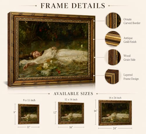 Vintage Gold Framed Ophelia Canvas Wall Art Gothic Dark Academia Pond Lotus Painting Picture Wall Decor Retro Romantic Victorian Antique Woman Poster Print Artwork for Living Room Bedroom Bathroom (Ophelia / 24"L x 16"W)
