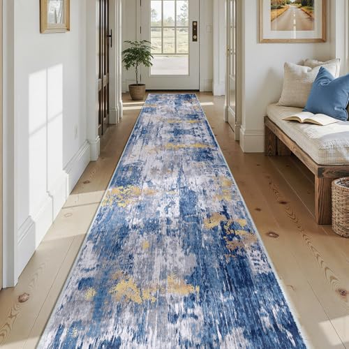 Washable Runner 2'6"x14' Abstract Area Rug for Hallway Blue Gold (Blue/Gold / 2'6" x 14' (Runner))
