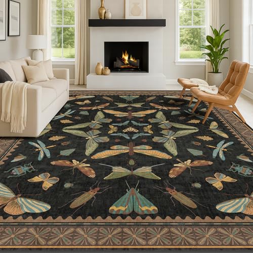 Black Washable Insect Area Rugs 8x10 for Living Room (8' x 10' (Rectangular) / Black / Multi)