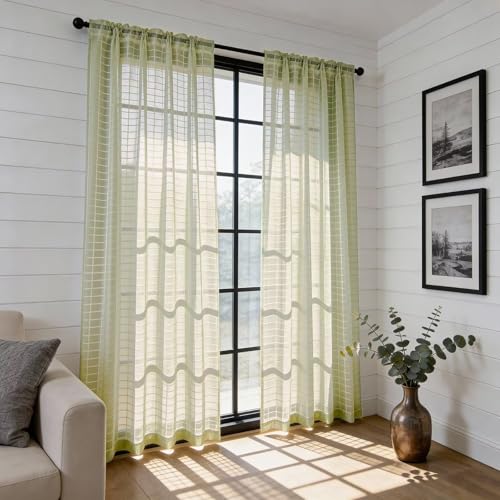 Check Sheer Curtains 72 Inches 2 Panels Set (Check - Sage Green / 52"W x 72"L (Pack of 2))