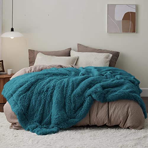 Faux Fur Fluffy Sherpa Fleece King Bed Blanket Teal 108"x90" (15- Teal / King (108" X 90"))