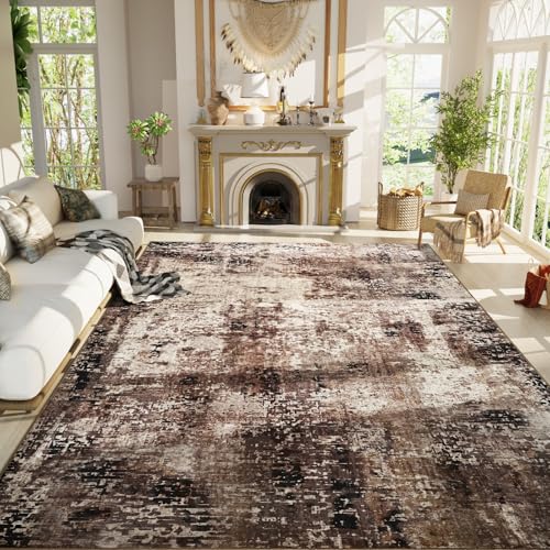 Living Room Rug 8x10 Brown Area Rugs Machine Washable Abstract Coffee Boho Large Carpet Non (Brown / 8' x 10' (Rectangular))