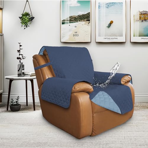 Double Protection 100% Waterproof Recliner Covers for Living Room (Dark Blue/Light Blue / Recliner Large)