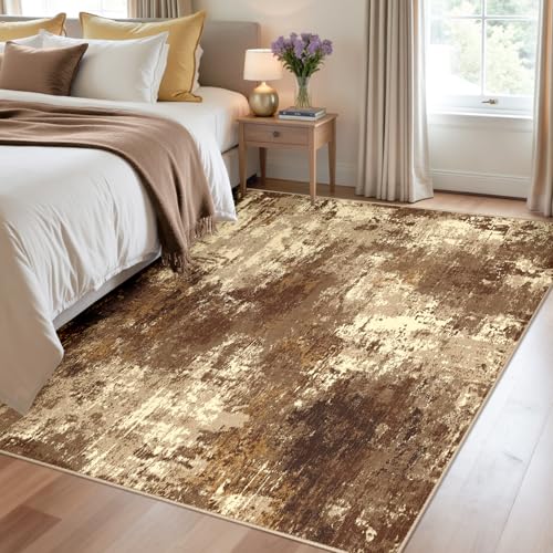 Washable 4'x6' Abstract Area Rug for Living Room Brown Tan (Brown/Tan / 4' x 6' (Rectangular))