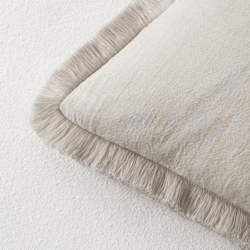 Linen Fringe Decorative Throw Pillow Covers Natural Beige 16x16 (16" x 16" (Pack of 2) / Natural Beige)