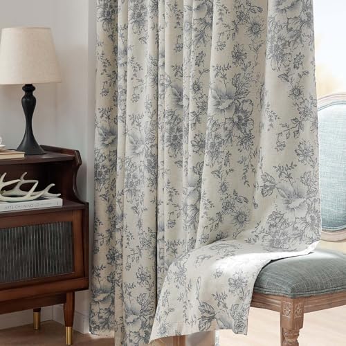 Floral Linen Blackout Curtains for Bedroom 96 Inches Long (Grey / 50"W x 96"L (Pack of 2))