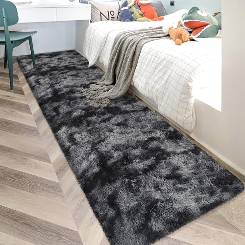 Tie Dyed Runner Rug for Bedroom Black Grey 2x10ft Fluffy Area Rug Bedside Runner Rug for Kids Room Boys Teens Nursery Baby Living Room Dorm Home Decor Carpets (Tie-dyed Black Grey / 2' x 10' (Runner))