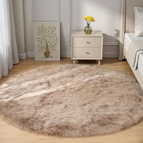 Circle Sheepskin Rug 5ft Round Fluffy Fuzzy Furry Carpet for Bedroom Living Room Shaggy Washable Soft (5' (Round) / Beige)
