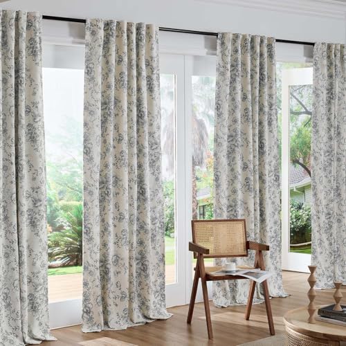 Floral Linen Blackout Curtains for Bedroom 96 Inches Long (Grey / 50"W x 96"L (Pack of 2))