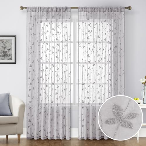 Light Grey Sheer Curtains Vine Embroidered (52"W x 84"L (Pack of 2) / Vine Light Grey)