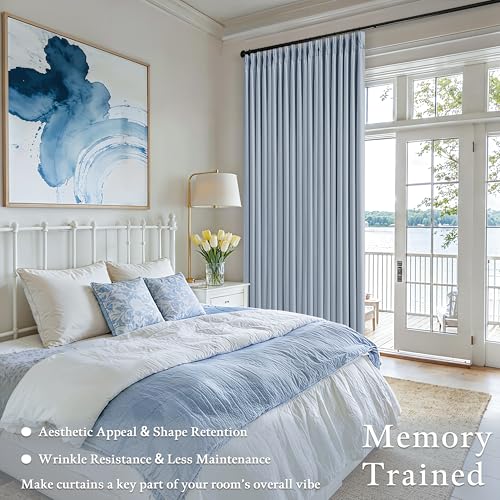 Blue Linen Blackout Pleated 86 Inch Curtains with Liner for Living Room (Light Blue / 40"W x 86"L (Pack of 2))