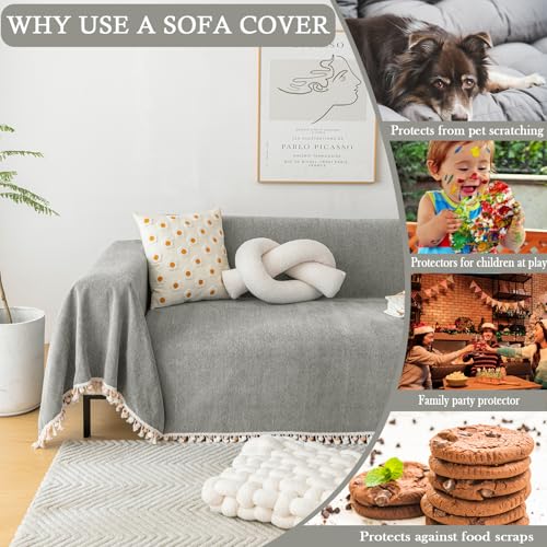 Couch Slipcovers for Sofas Dark Grey Couch Cover Sofa Cover for Dogs Boho Pet Couch Protector with Tassel Sectional Throw Cover Chenille Herringbone Couch Cover for 3 Seat Sofa (91" x 150" / Tassel Ball: Dark Grey)