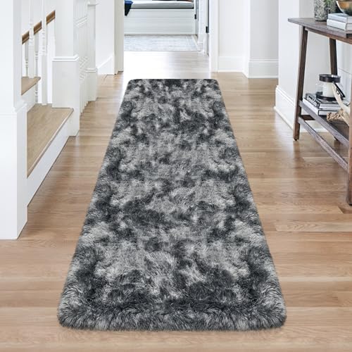 Tie Dyed Dark Grey 2x6 Machine Washable Runner Rugs for Hallway Soft Fluffy Shaggy Bedside Rugs for Bedroom Living Room Indoor Floor Carpet for Kids Girls and Boys Nursery Rooms Home Decor Aesthetic (Tie-dyed Dark Grey / 2' x 6' (Runner))