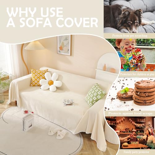 Beige Couch Covers for 3 Cushion Couch Sofa Cute Sofa Covers with White Daisy Lace Pet Couch Protector Thick Chenille Couch Cover for Dogs Sectional Sofa L Shape Futon (71" x 134" / Daisy:beige)