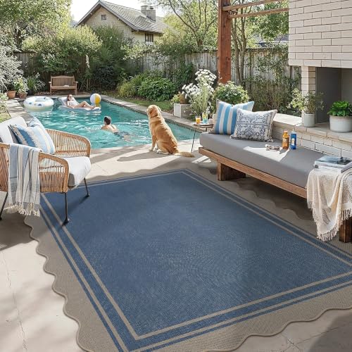 6x9 Scalloped Rug Easy Jute Washable Outdoor Patio Rug for Living Room Indoor Outdoor Blue Geometric Neutral Carpet for Backyard Patio Dining Room (6'*9'(Rectangular) / Blue)