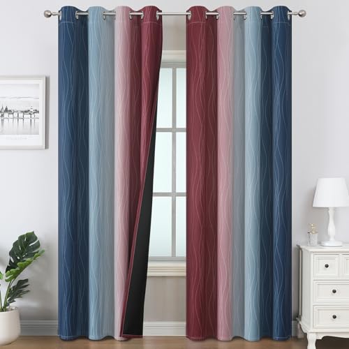 Navy Blue and Burgundy Red Ombre Blackout Bedroom Curtains 102 Inches Long (Navy Blue and Burgundy Red / 52"W x 102"L (Pack of 2))