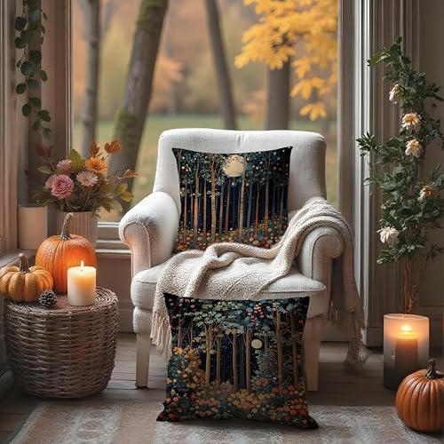 Vintage William Morris Moon Inspired Forest Decor Throw Pillow Covers 18x18 Set of 2 (Forest-black Orange -15 / 18" x 18" (Pack of 1))